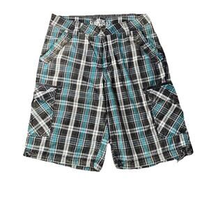 Surplus Y2K Shorts Mens Size 32 Blue Grey White Plaid Cargo Drawstring Hems